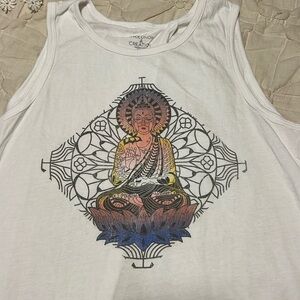 Evolution creation white tank tap T-shirt with a Buddha on it